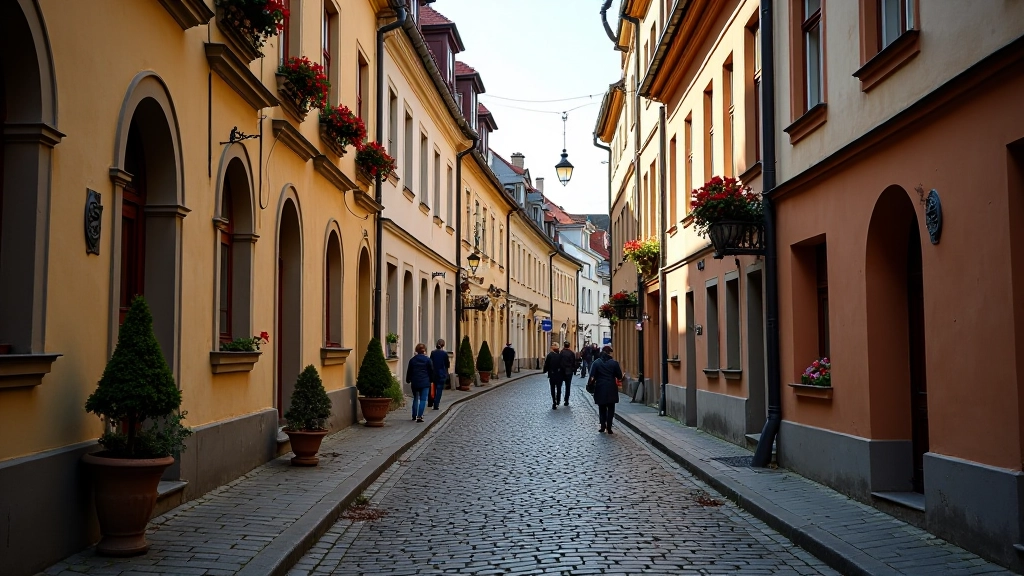 Marijampolės istorinio senamiesčio gatvelės su senoviniais pastatais ir gėlių dėžėmis prie langų